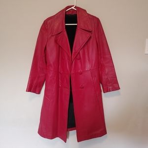 Vintage Olympic Leather Red Long Trench Coat with removable interlayer, Sz14
